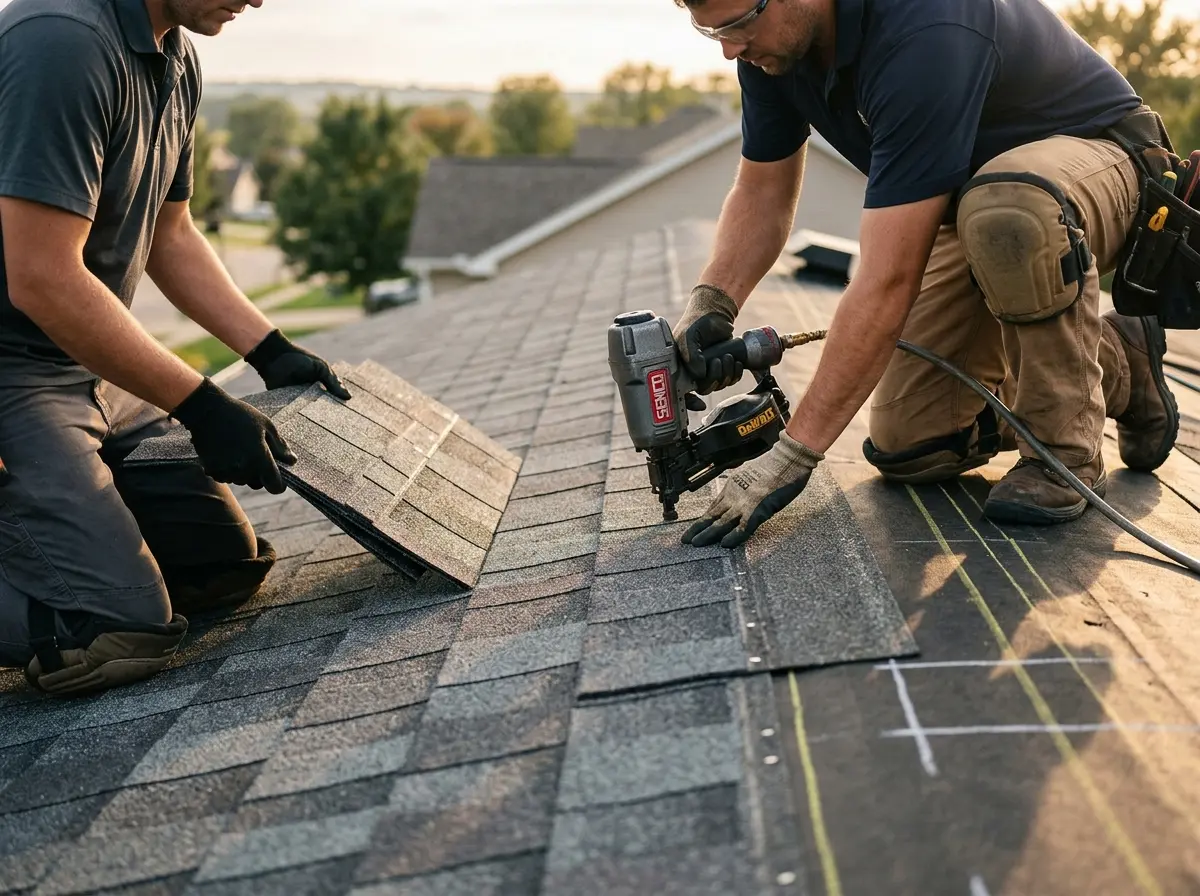 Professional roofer working on a residential roof in River Park